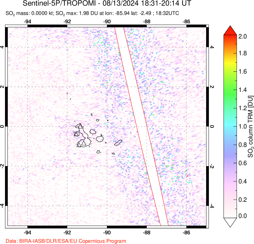 A sulfur dioxide image over Galápagos Islands on Aug 13, 2024.