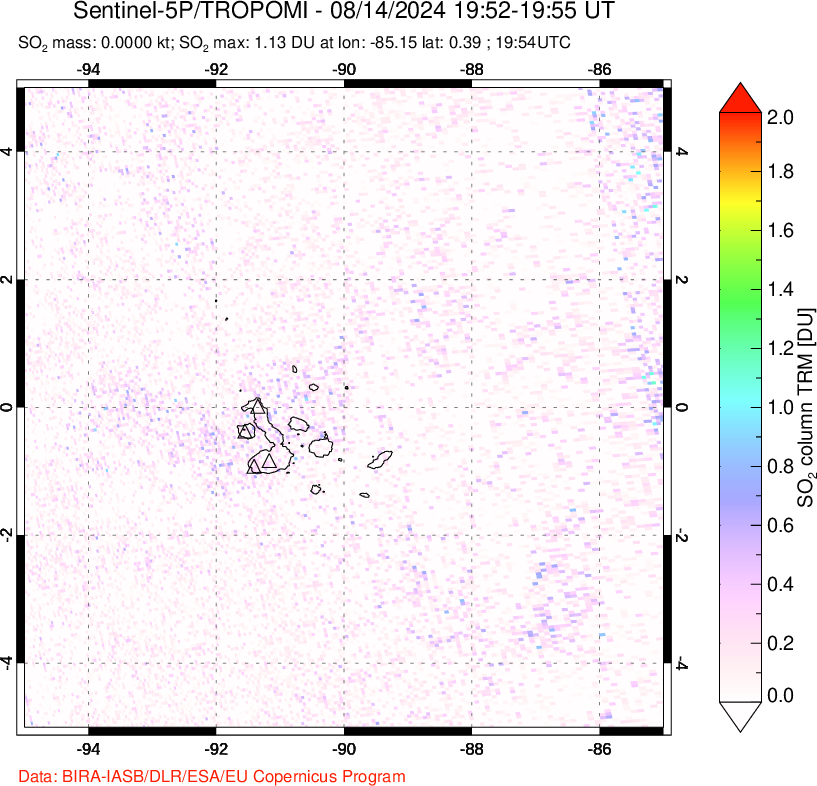 A sulfur dioxide image over Galápagos Islands on Aug 14, 2024.