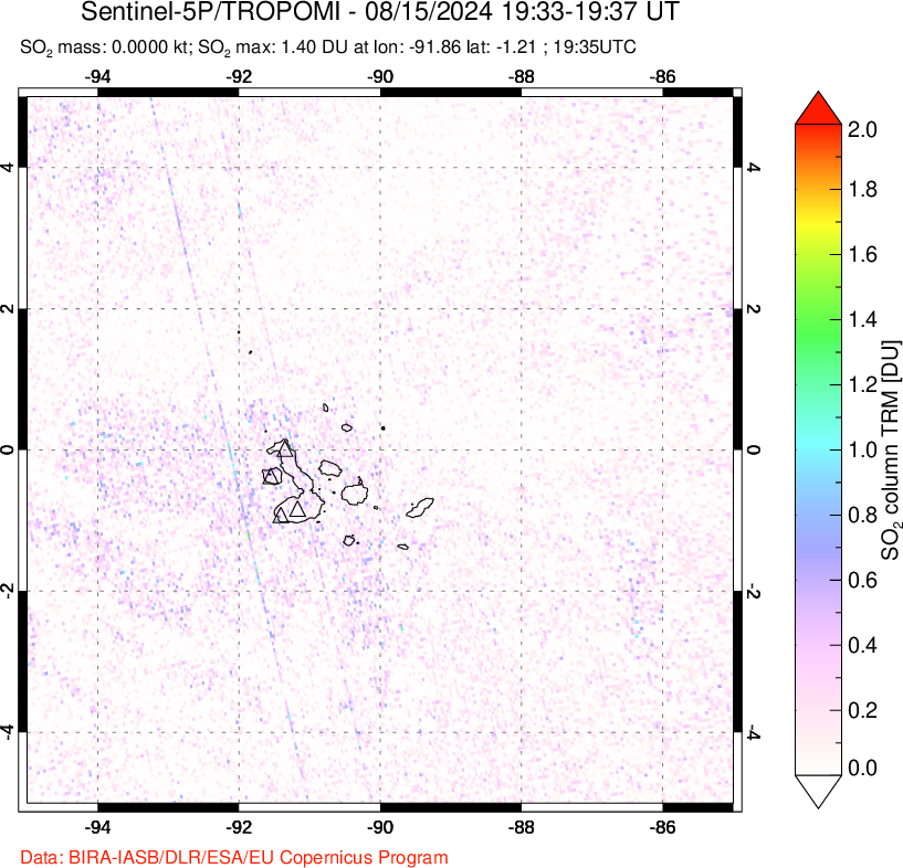 A sulfur dioxide image over Galápagos Islands on Aug 15, 2024.