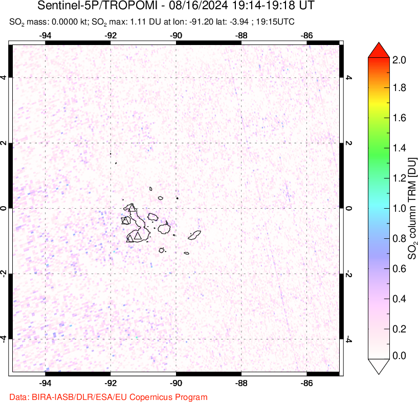 A sulfur dioxide image over Galápagos Islands on Aug 16, 2024.