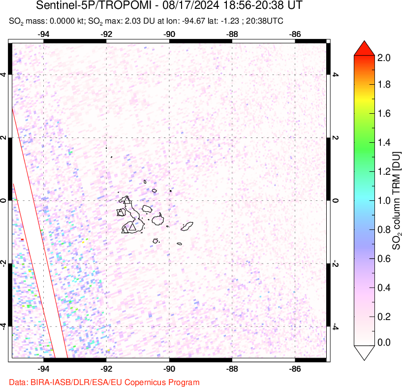 A sulfur dioxide image over Galápagos Islands on Aug 17, 2024.