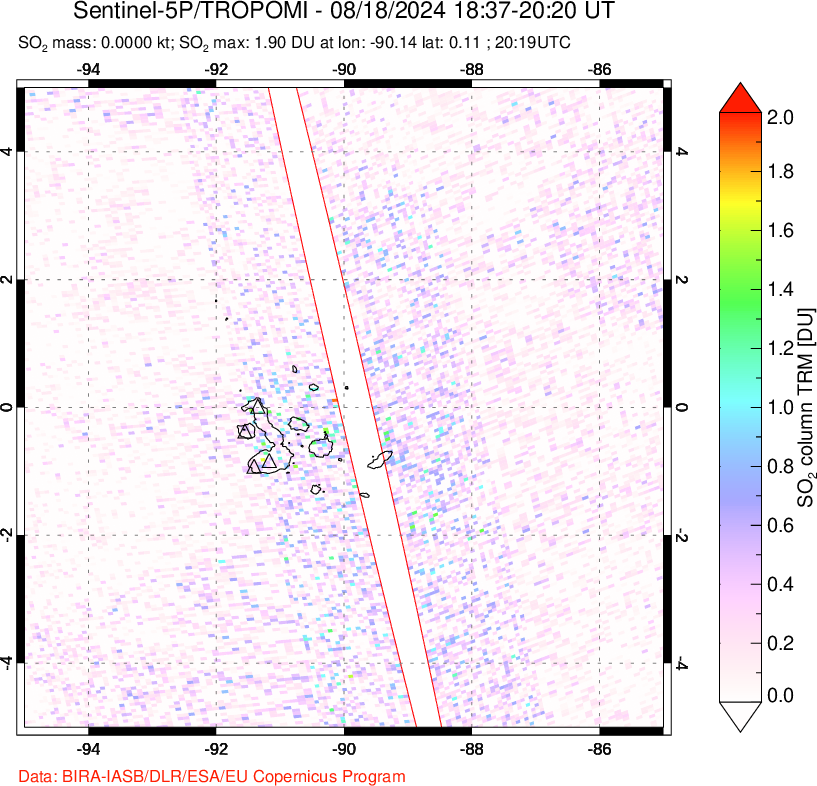 A sulfur dioxide image over Galápagos Islands on Aug 18, 2024.