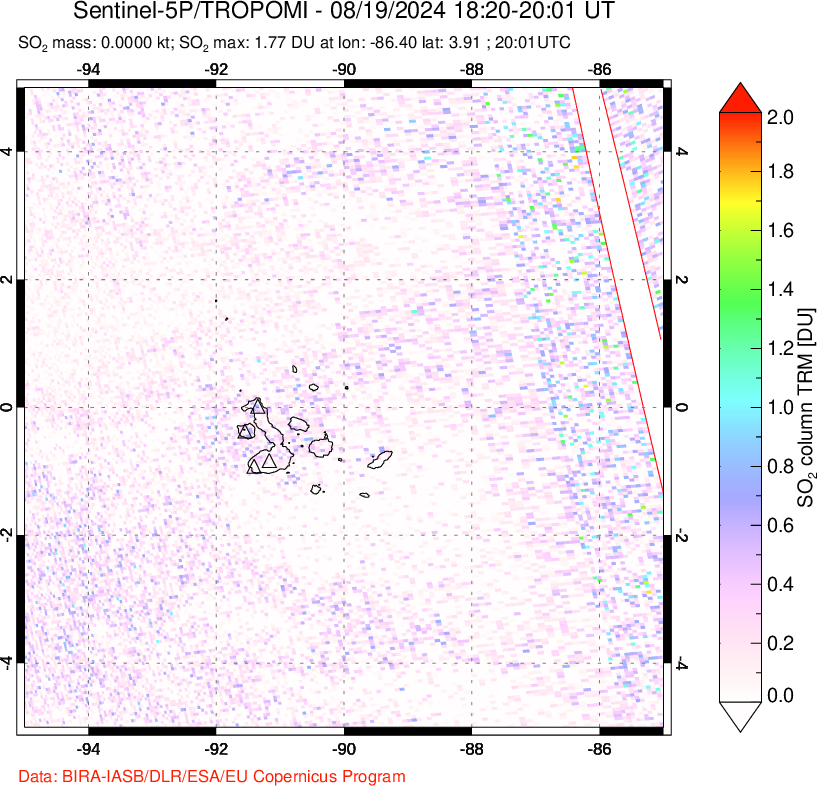 A sulfur dioxide image over Galápagos Islands on Aug 19, 2024.