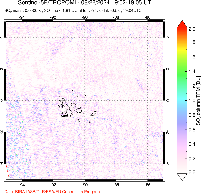 A sulfur dioxide image over Galápagos Islands on Aug 22, 2024.