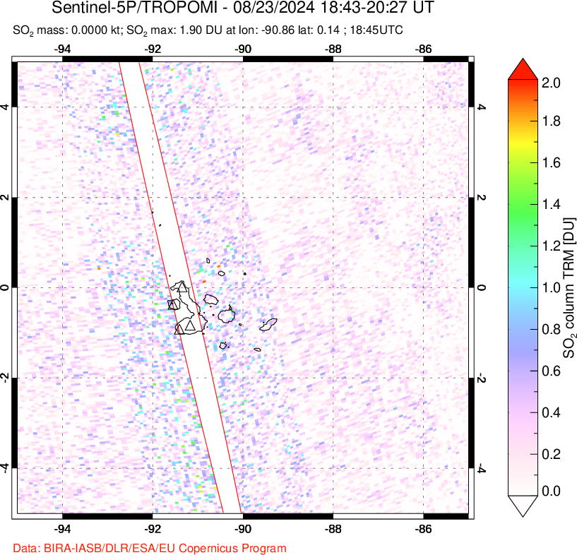 A sulfur dioxide image over Galápagos Islands on Aug 23, 2024.