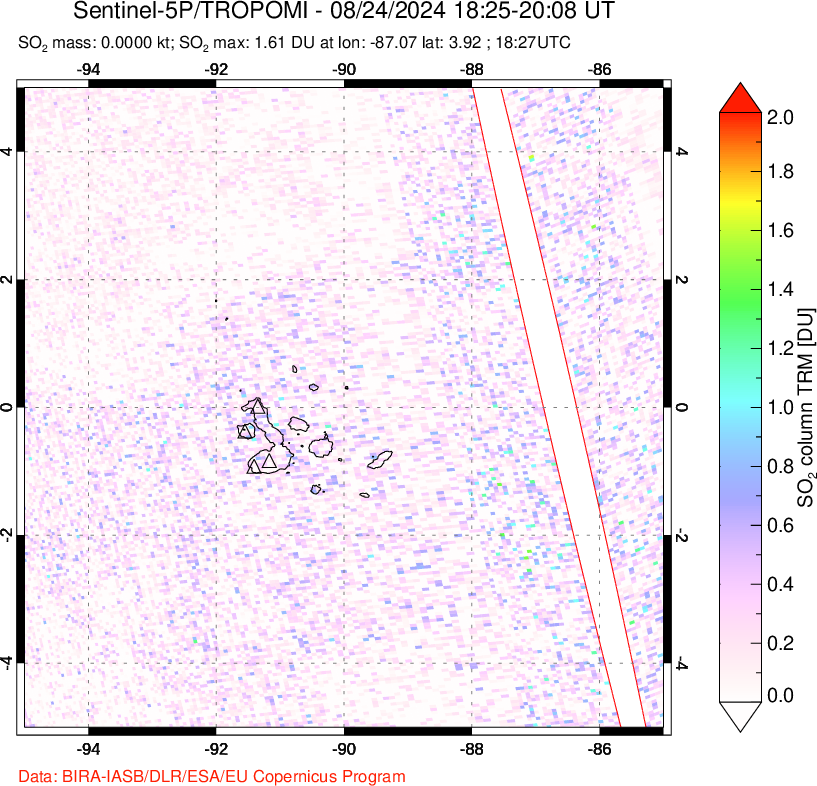 A sulfur dioxide image over Galápagos Islands on Aug 24, 2024.