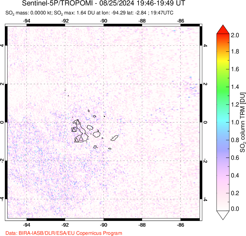 A sulfur dioxide image over Galápagos Islands on Aug 25, 2024.