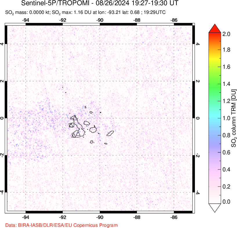 A sulfur dioxide image over Galápagos Islands on Aug 26, 2024.