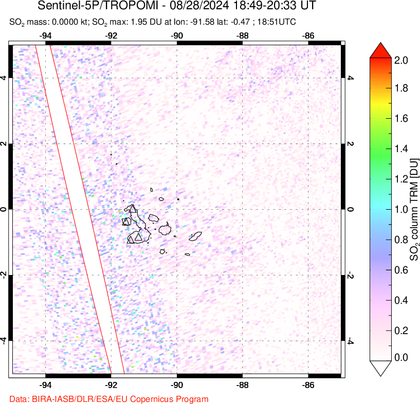 A sulfur dioxide image over Galápagos Islands on Aug 28, 2024.