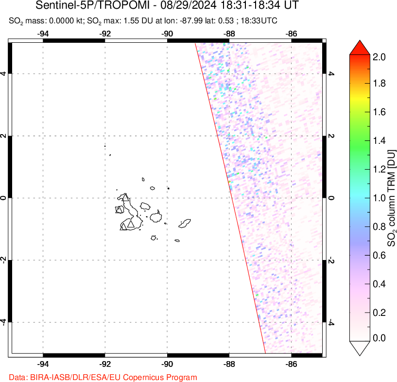 A sulfur dioxide image over Galápagos Islands on Aug 29, 2024.