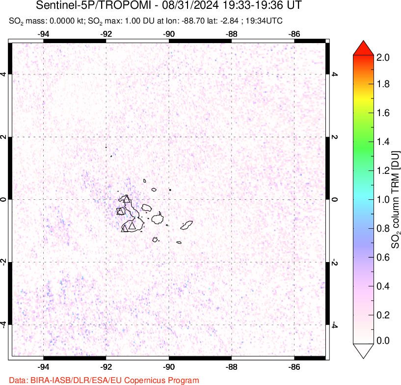 A sulfur dioxide image over Galápagos Islands on Aug 31, 2024.