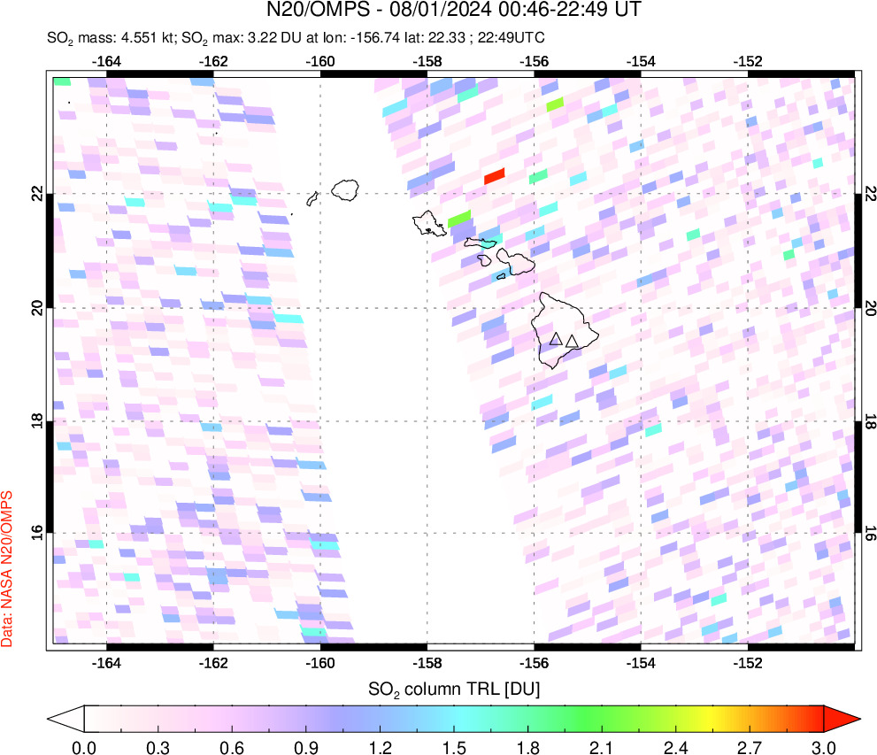 A sulfur dioxide image over Hawaii, USA on Aug 01, 2024.