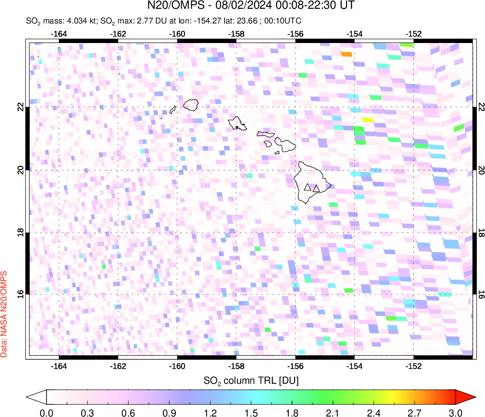 A sulfur dioxide image over Hawaii, USA on Aug 02, 2024.