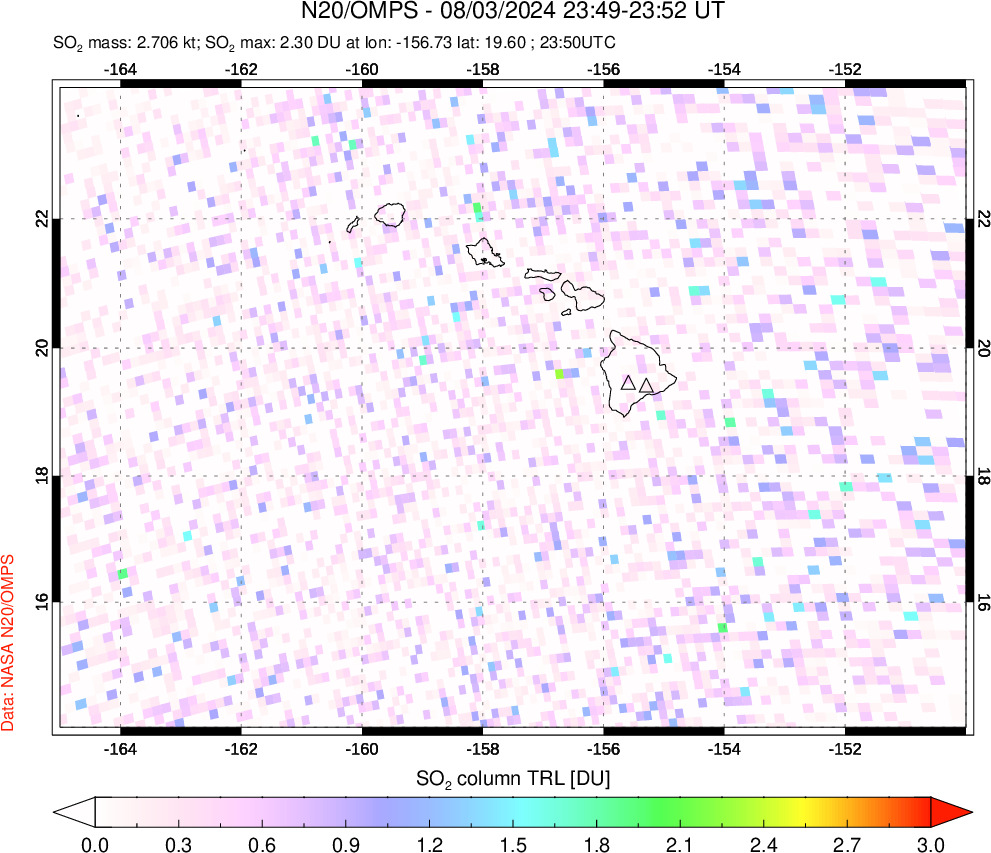 A sulfur dioxide image over Hawaii, USA on Aug 03, 2024.