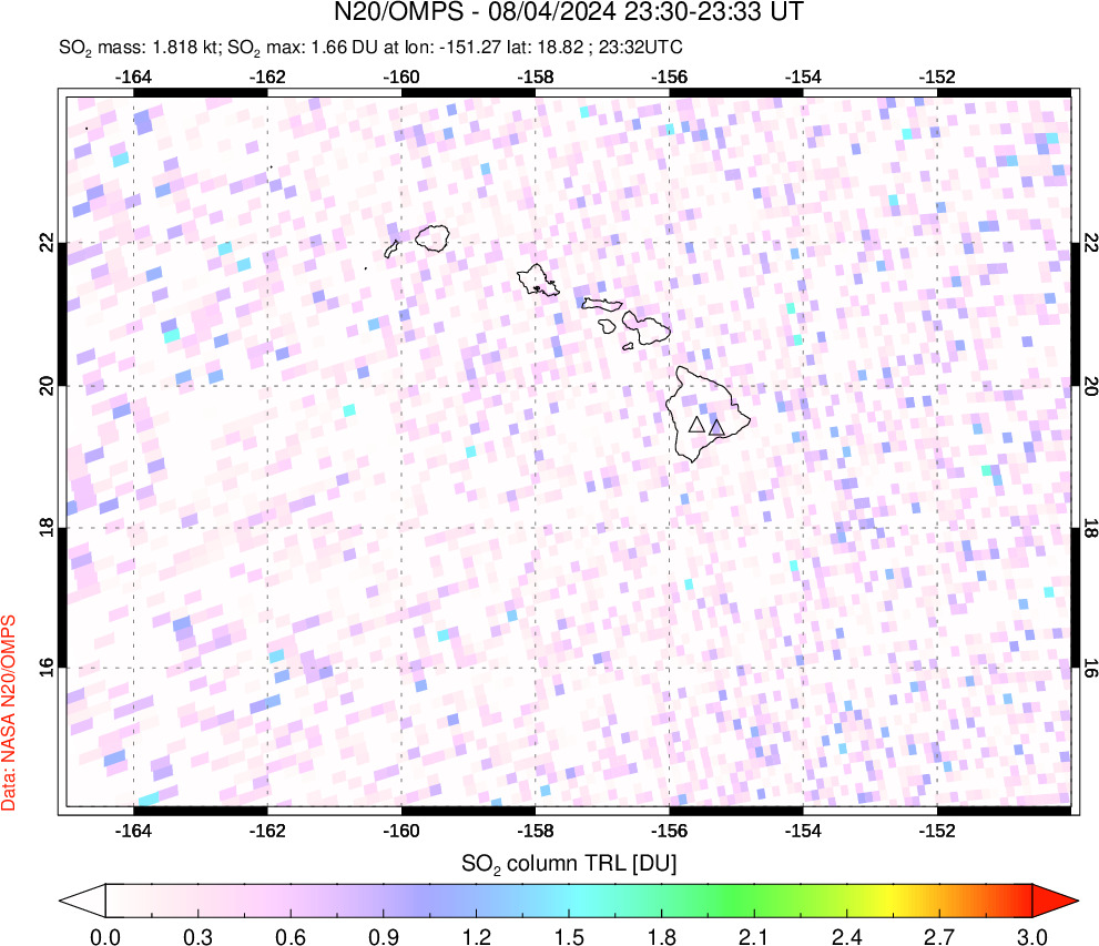 A sulfur dioxide image over Hawaii, USA on Aug 04, 2024.