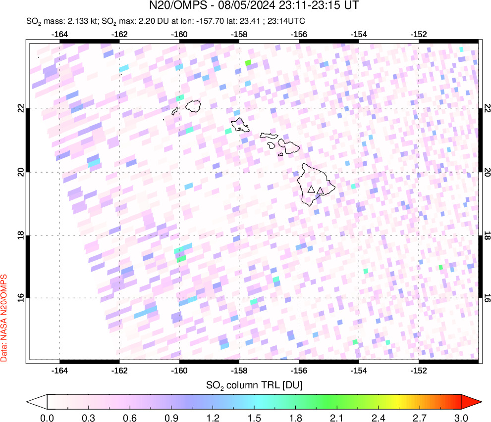 A sulfur dioxide image over Hawaii, USA on Aug 05, 2024.