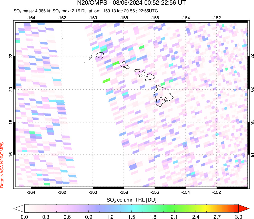 A sulfur dioxide image over Hawaii, USA on Aug 06, 2024.