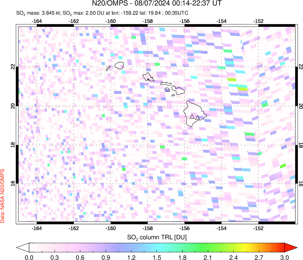 A sulfur dioxide image over Hawaii, USA on Aug 07, 2024.