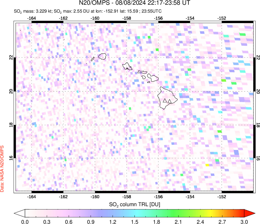 A sulfur dioxide image over Hawaii, USA on Aug 08, 2024.