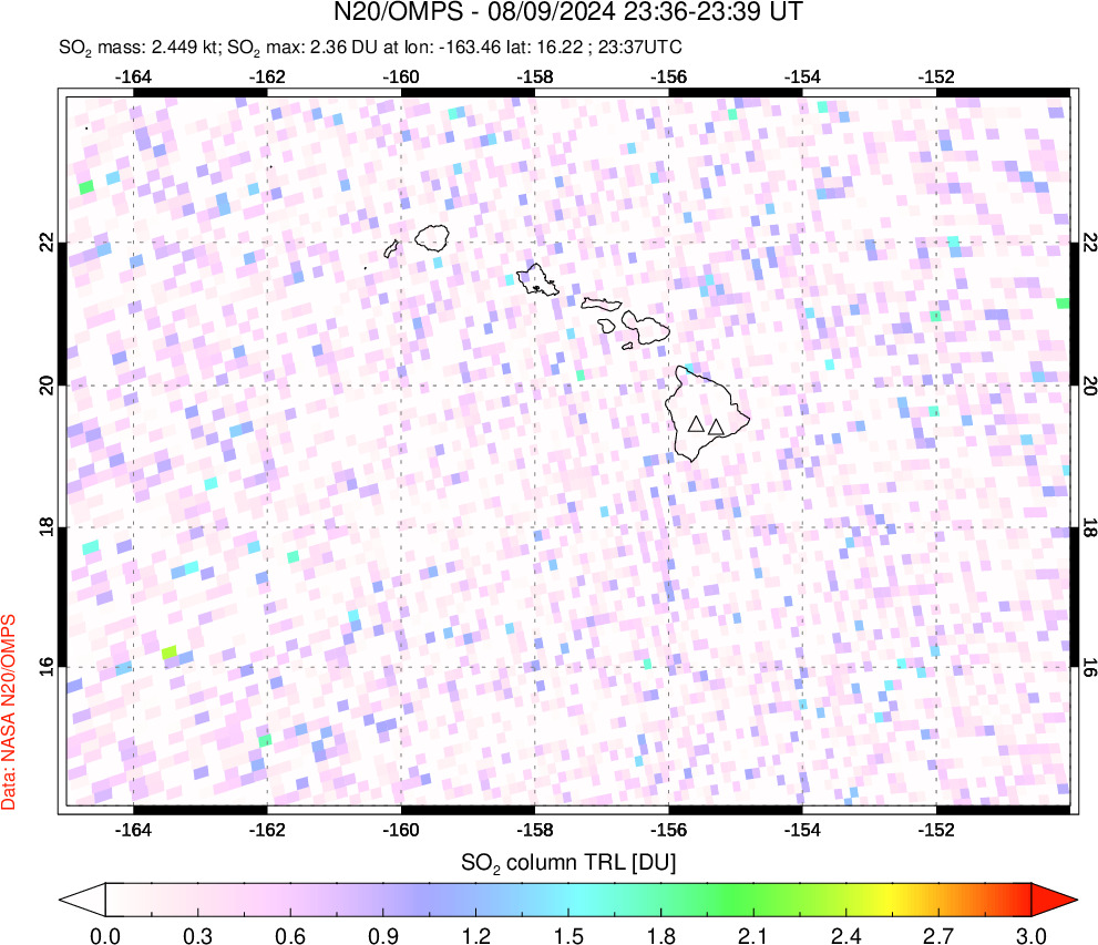 A sulfur dioxide image over Hawaii, USA on Aug 09, 2024.