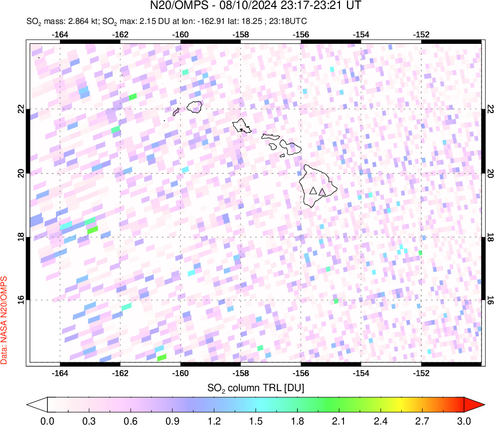 A sulfur dioxide image over Hawaii, USA on Aug 10, 2024.