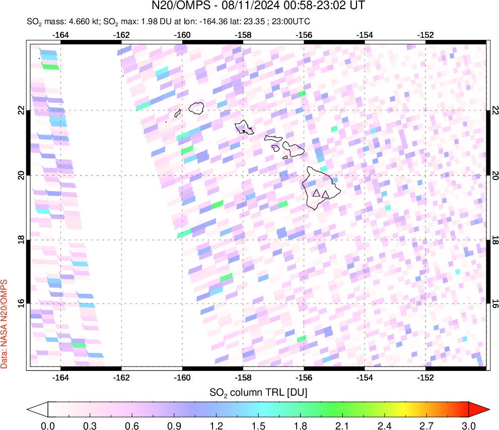 A sulfur dioxide image over Hawaii, USA on Aug 11, 2024.