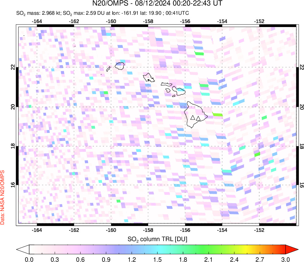 A sulfur dioxide image over Hawaii, USA on Aug 12, 2024.