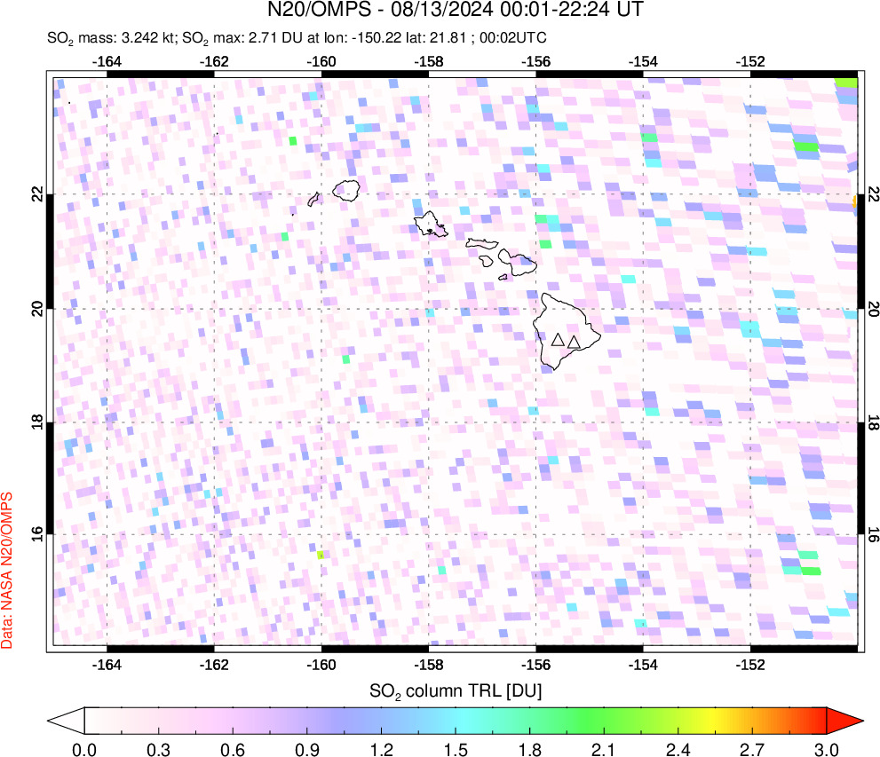 A sulfur dioxide image over Hawaii, USA on Aug 13, 2024.