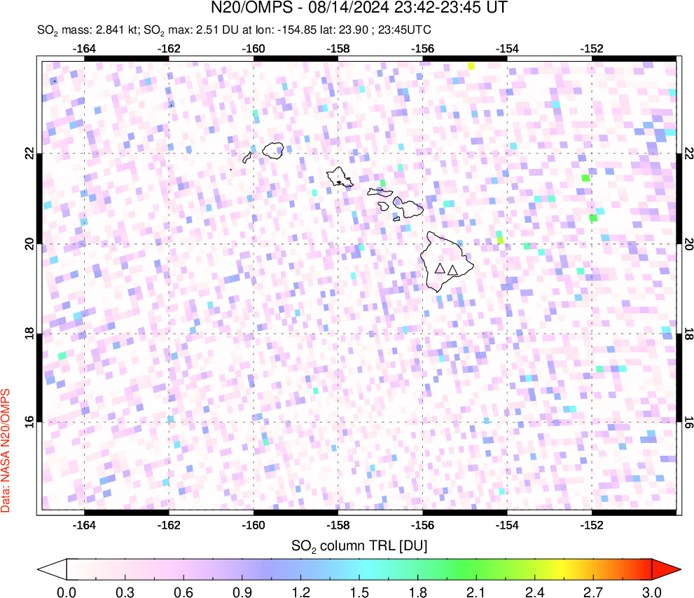 A sulfur dioxide image over Hawaii, USA on Aug 14, 2024.