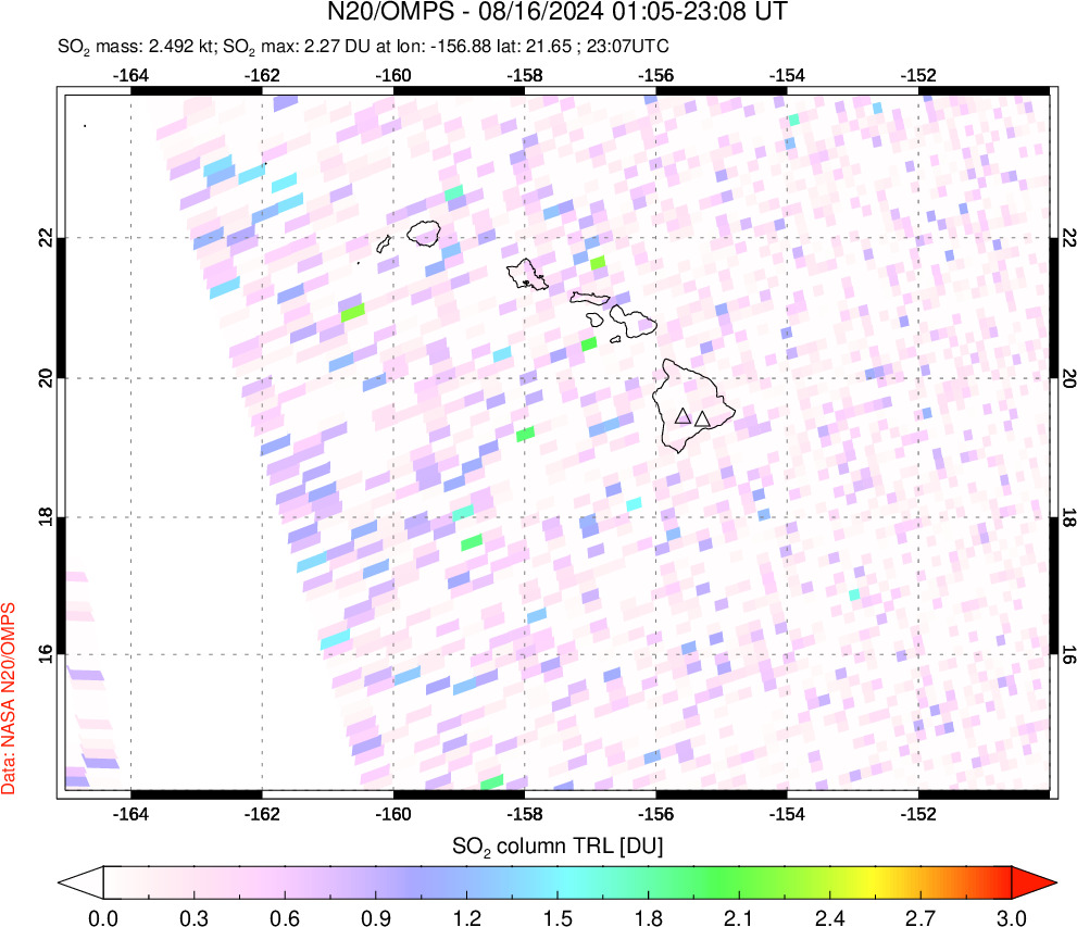 A sulfur dioxide image over Hawaii, USA on Aug 16, 2024.