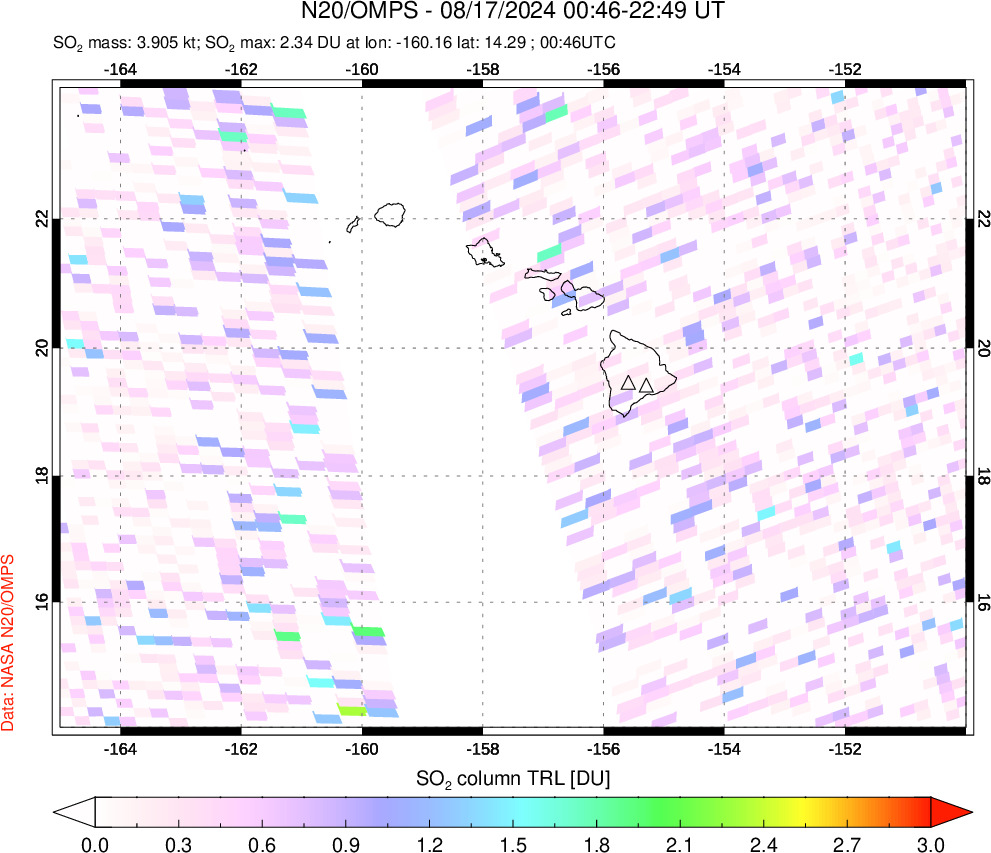 A sulfur dioxide image over Hawaii, USA on Aug 17, 2024.