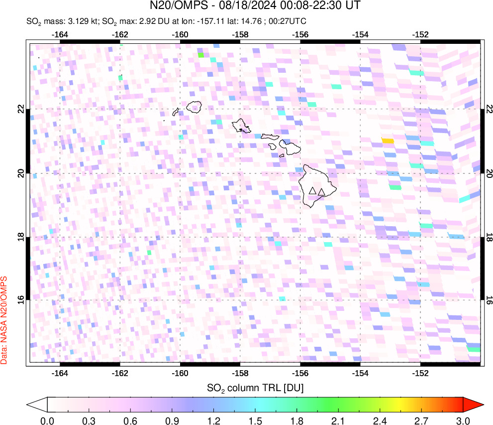 A sulfur dioxide image over Hawaii, USA on Aug 18, 2024.