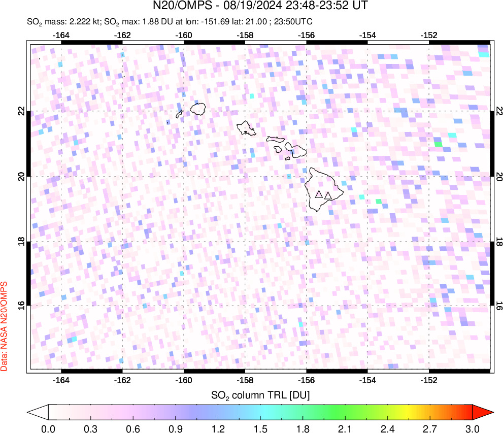 A sulfur dioxide image over Hawaii, USA on Aug 19, 2024.