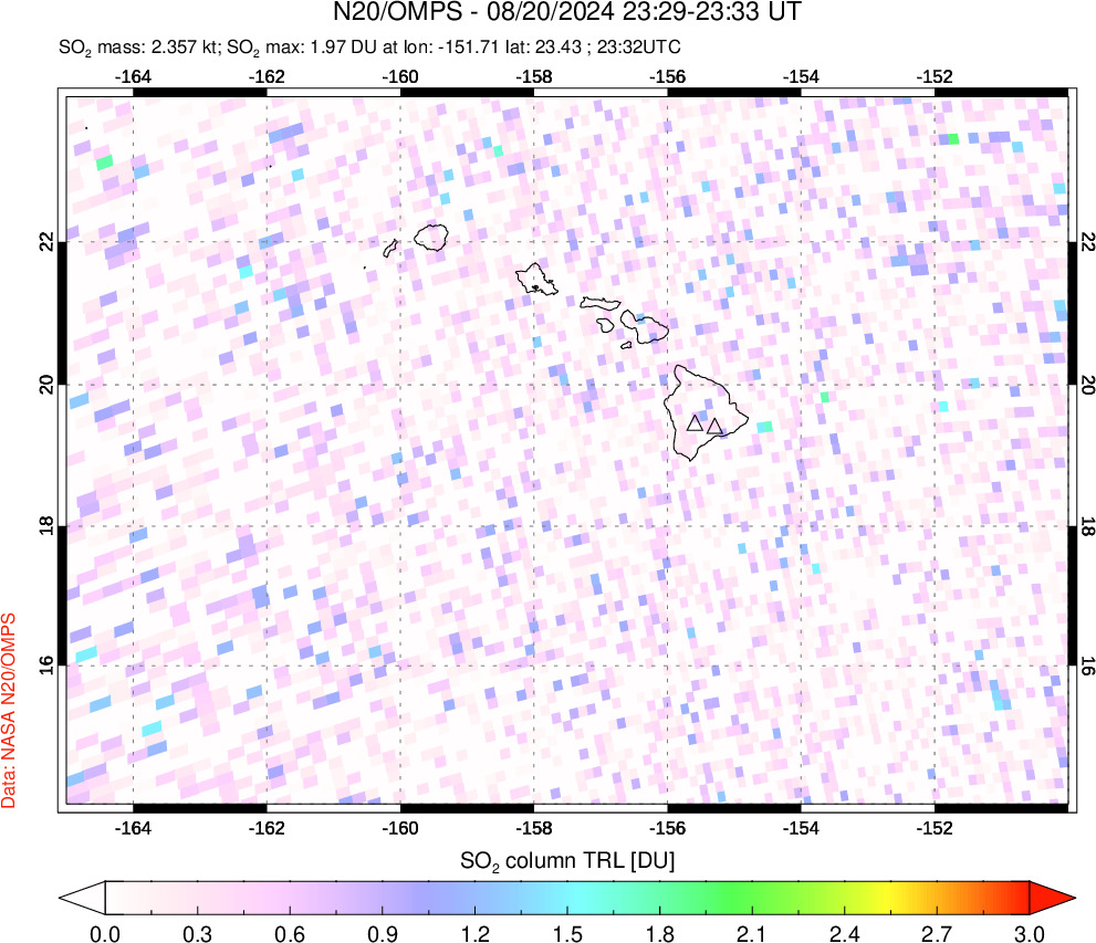 A sulfur dioxide image over Hawaii, USA on Aug 20, 2024.