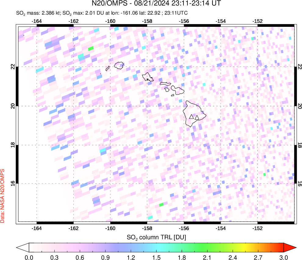 A sulfur dioxide image over Hawaii, USA on Aug 21, 2024.