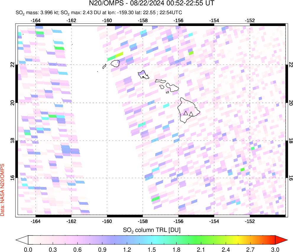 A sulfur dioxide image over Hawaii, USA on Aug 22, 2024.