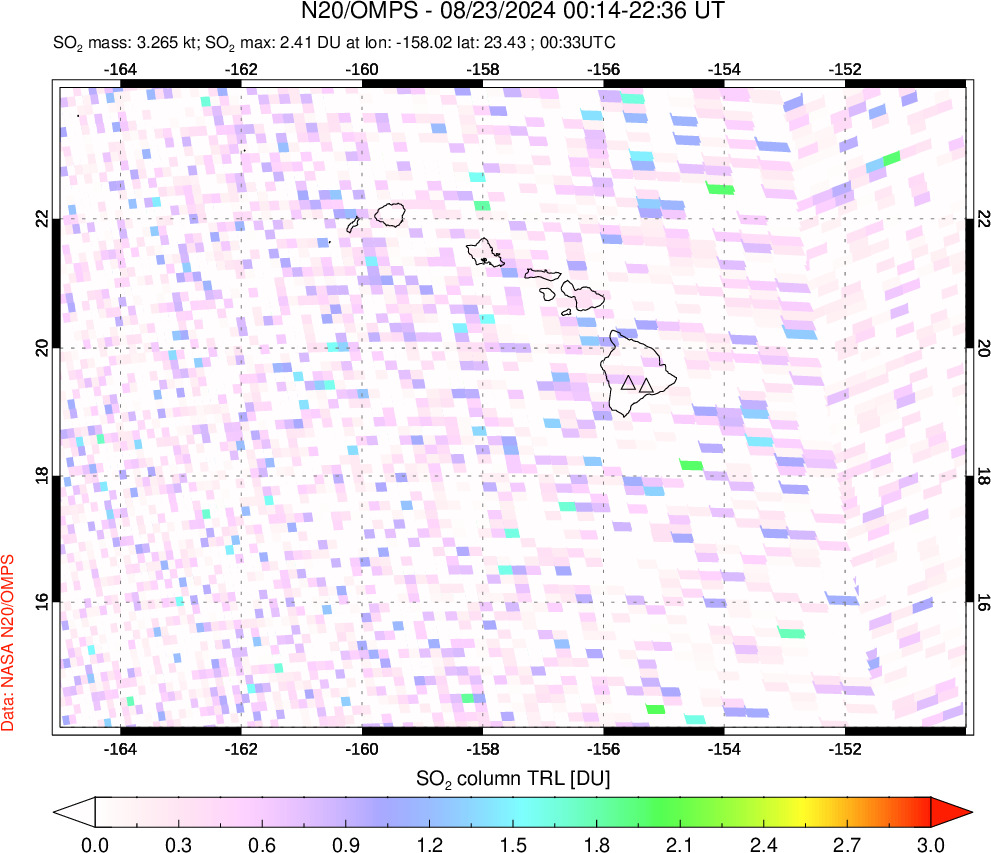 A sulfur dioxide image over Hawaii, USA on Aug 23, 2024.