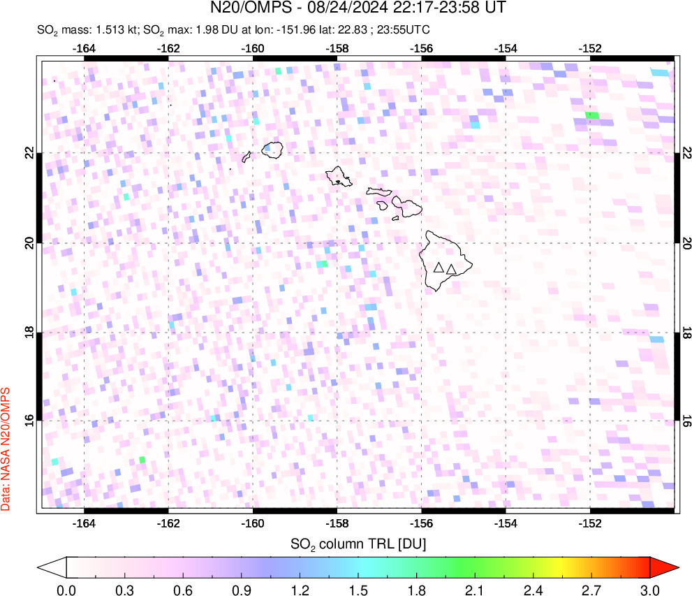 A sulfur dioxide image over Hawaii, USA on Aug 24, 2024.