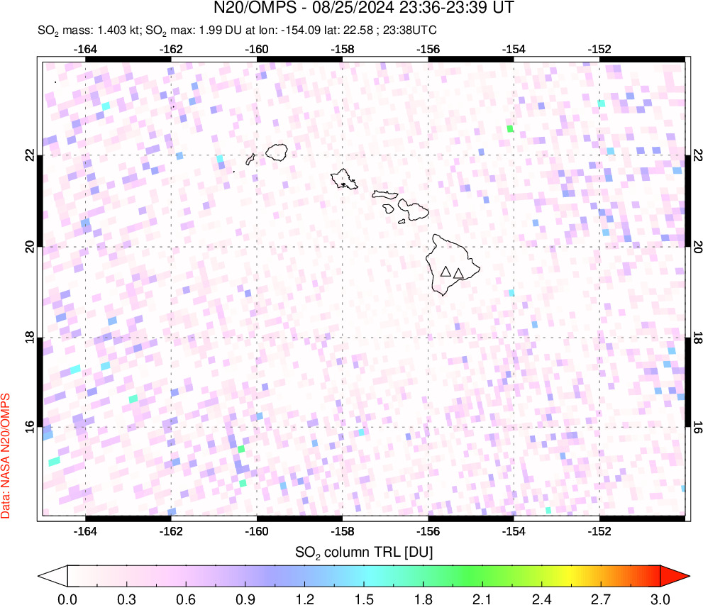 A sulfur dioxide image over Hawaii, USA on Aug 25, 2024.