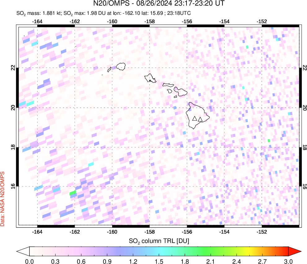 A sulfur dioxide image over Hawaii, USA on Aug 26, 2024.