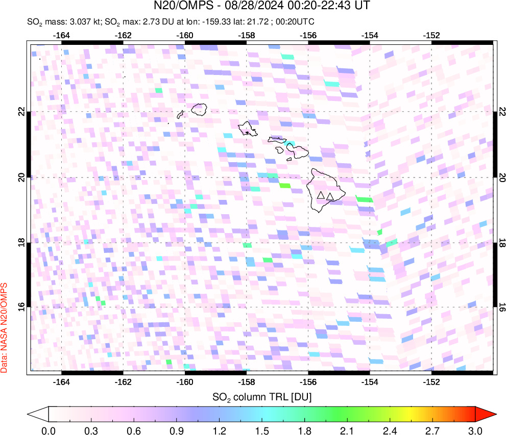 A sulfur dioxide image over Hawaii, USA on Aug 28, 2024.