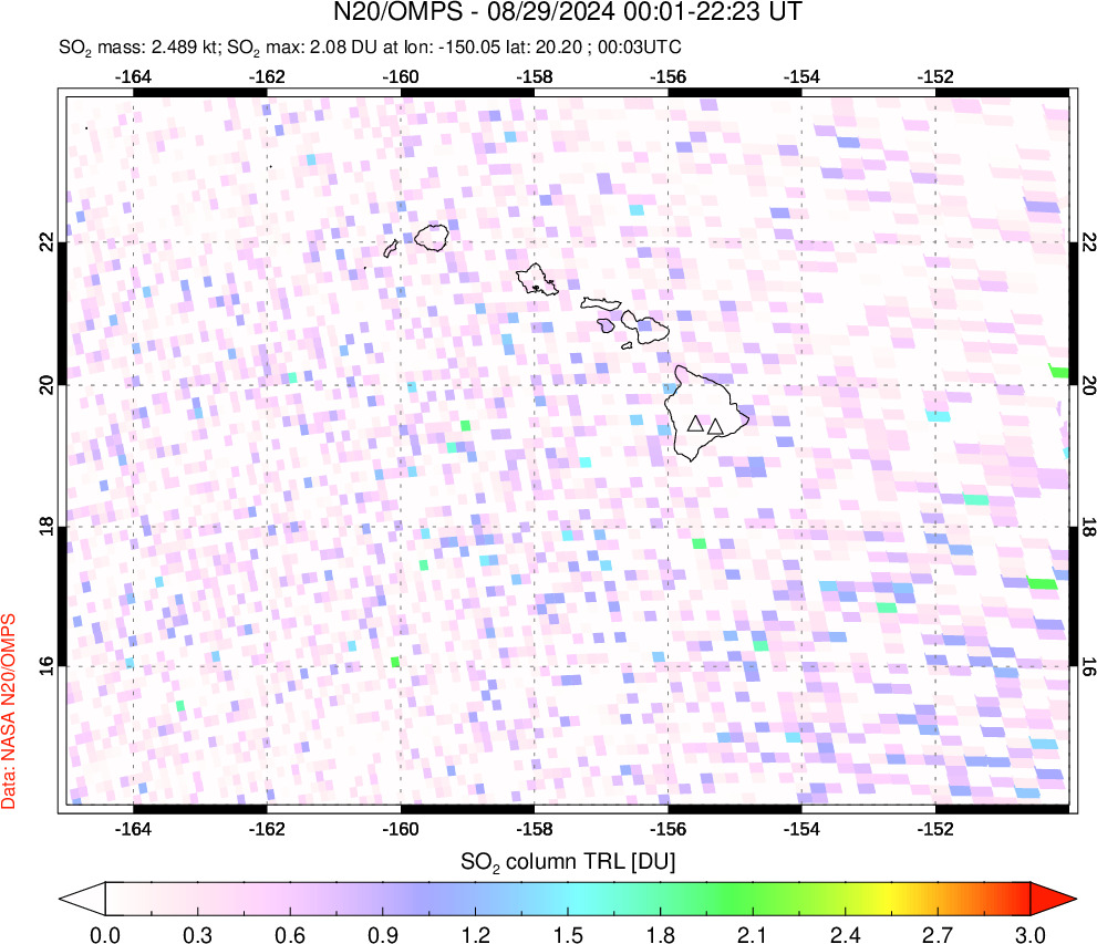 A sulfur dioxide image over Hawaii, USA on Aug 29, 2024.