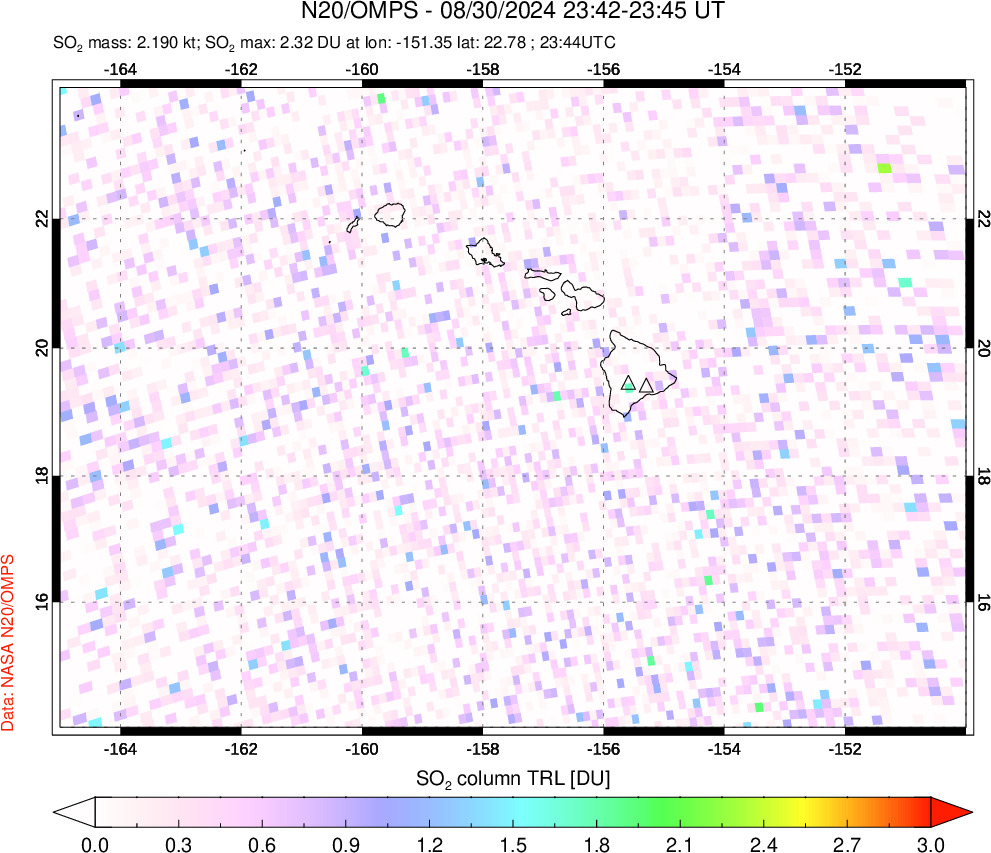 A sulfur dioxide image over Hawaii, USA on Aug 30, 2024.