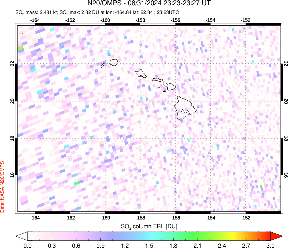 A sulfur dioxide image over Hawaii, USA on Aug 31, 2024.