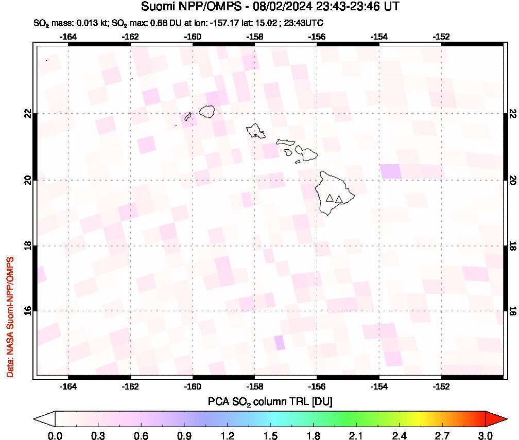 A sulfur dioxide image over Hawaii, USA on Aug 02, 2024.