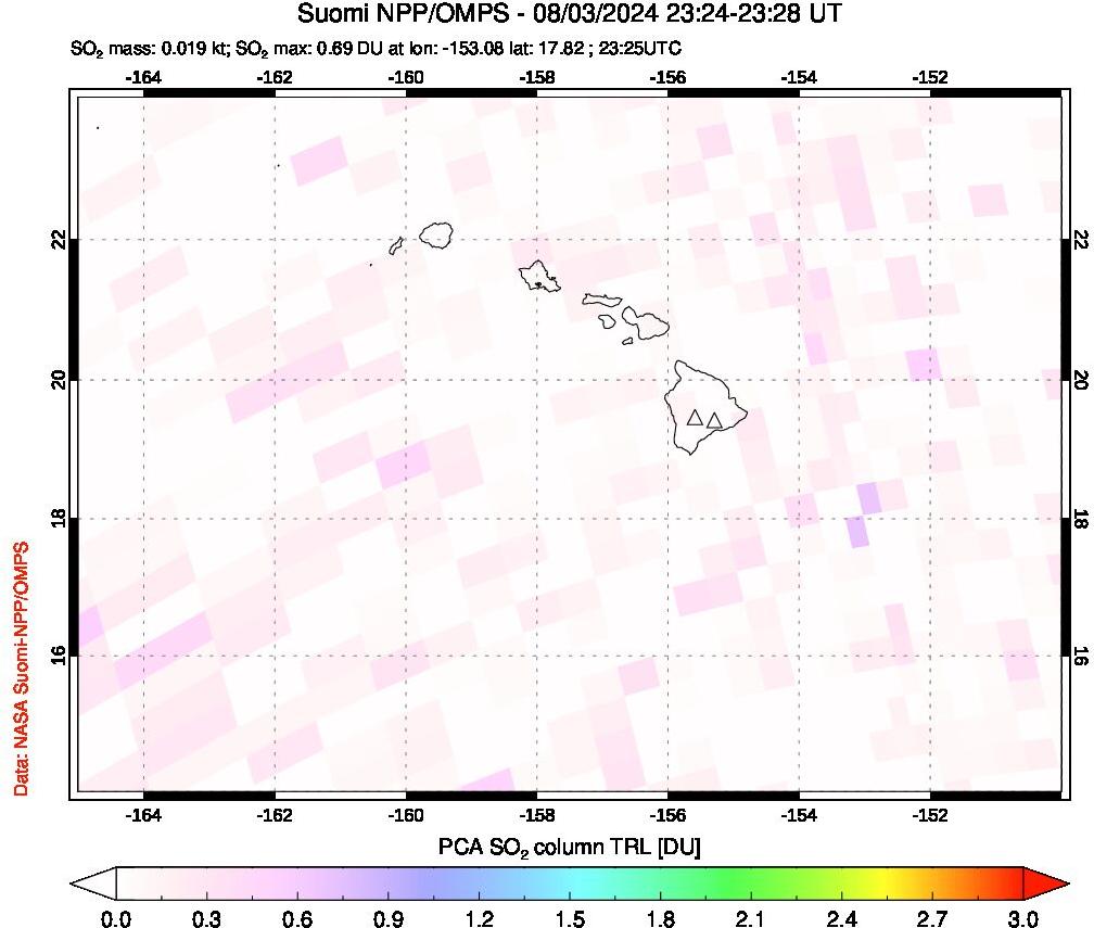 A sulfur dioxide image over Hawaii, USA on Aug 03, 2024.