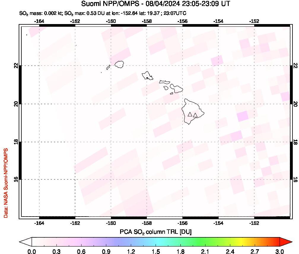 A sulfur dioxide image over Hawaii, USA on Aug 04, 2024.