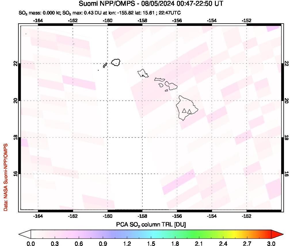 A sulfur dioxide image over Hawaii, USA on Aug 05, 2024.