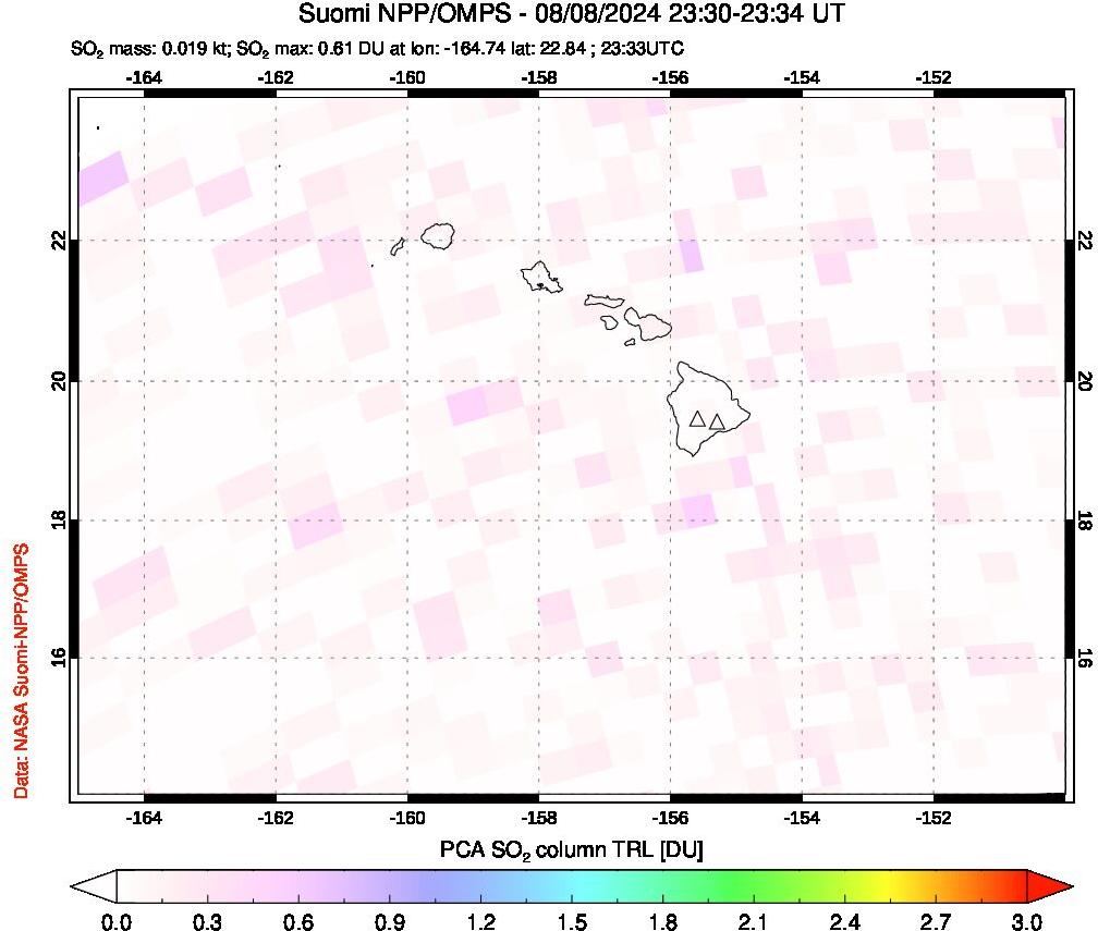 A sulfur dioxide image over Hawaii, USA on Aug 08, 2024.