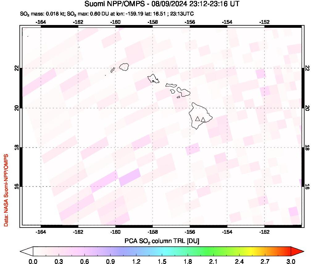 A sulfur dioxide image over Hawaii, USA on Aug 09, 2024.